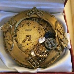 Steampunk Folk Art Brooch Gothic Style Mixed Object Cabochon Elgin Note Watch